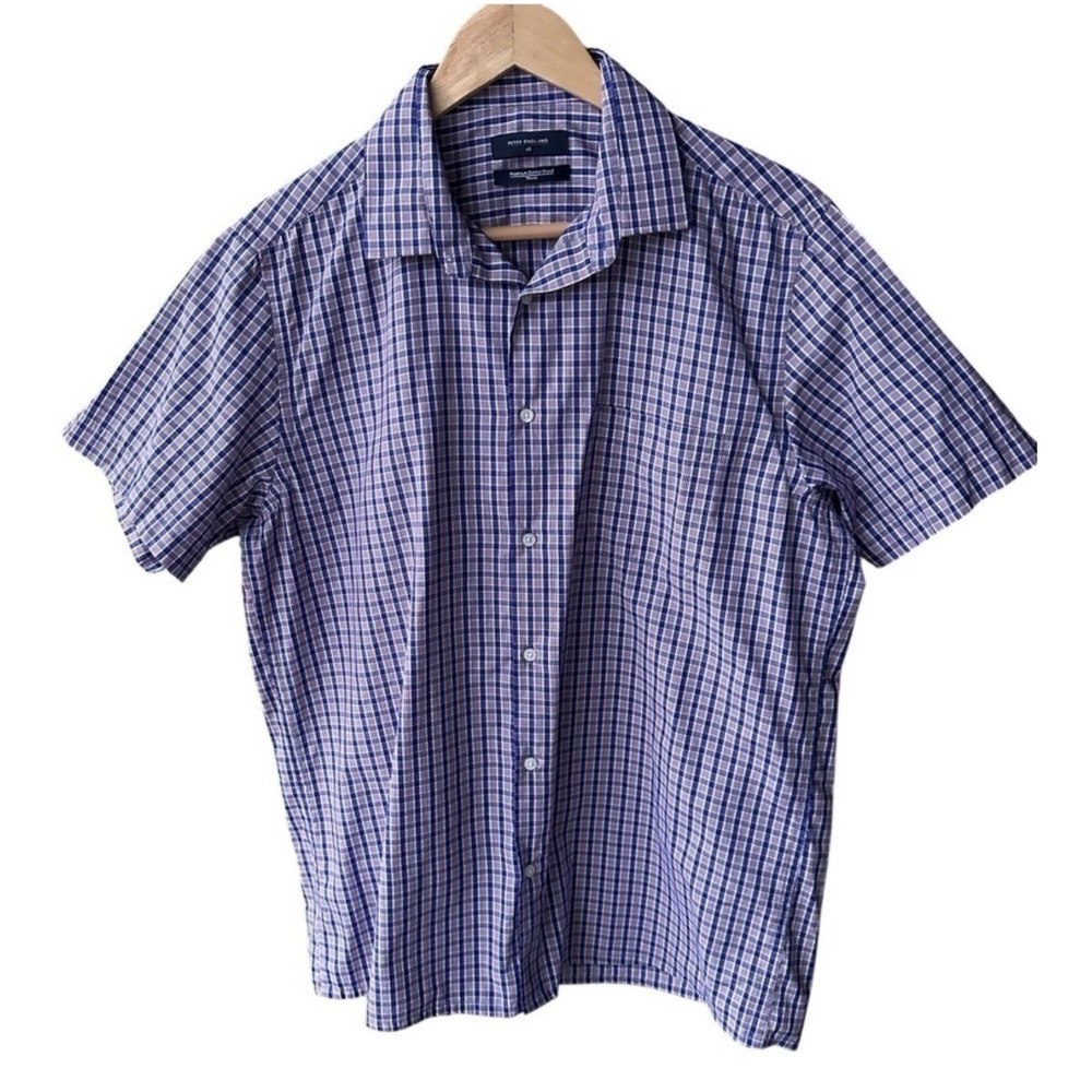 Peter England Mens Short Sleeve Plaid Button Down Shirt Preppy Size 42 Large